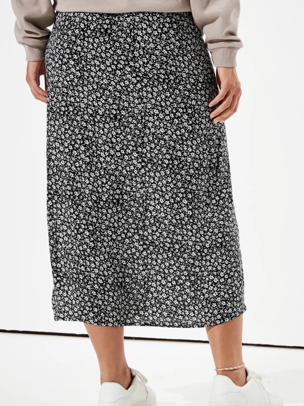 American Eagle Black Floral Midi Skirt with Side Slit - Picture 2 of 4